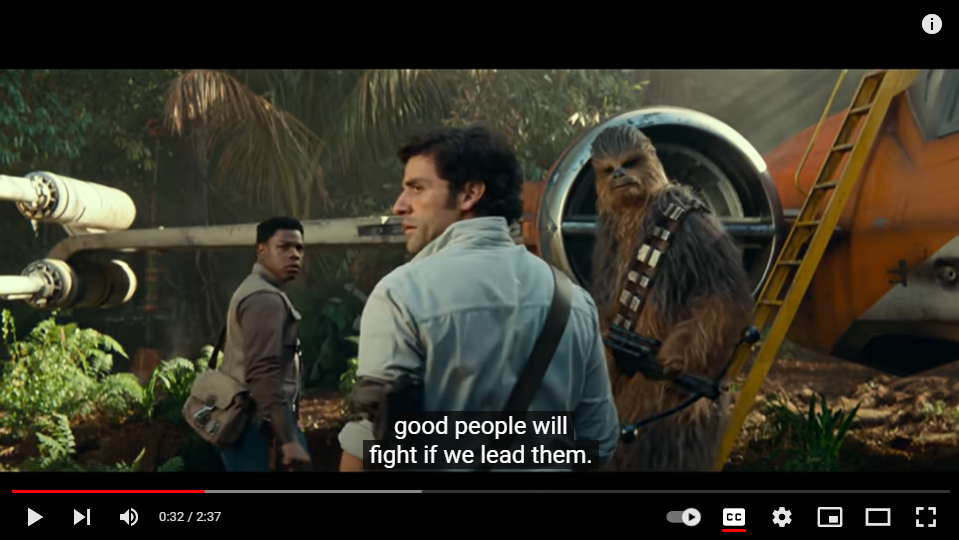 Star Wars trailer on YouTube with captions turned on