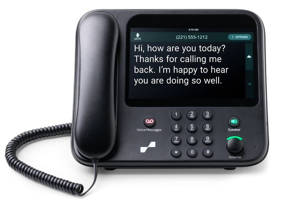 A closed caption phone showing captions; ideal phones for hard of hearing seniors and others