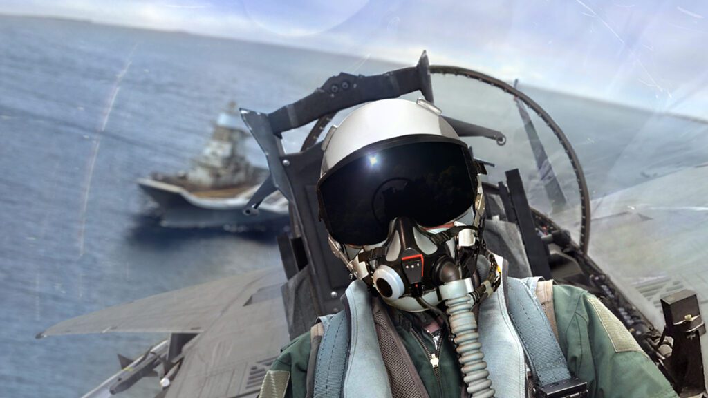 Navy pilot in fighter jet cockpit wearing protective helmet to prevent becoming a veteran hearing loss