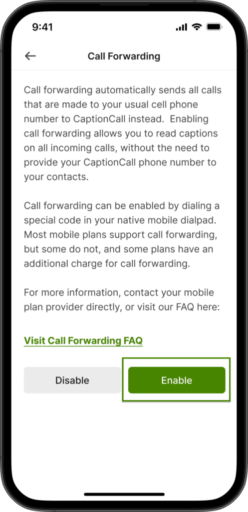 CaptionCall Mobile call forwarding enable